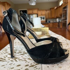 White House Black Market black open toe heels with ankle strap. Size 8